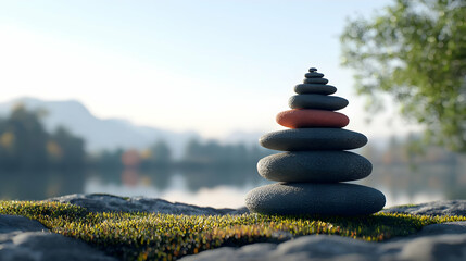 Serene Stacked Stones at Lakeside With Misty Autumn Forest and Mountain Backdrop in Calming Morning