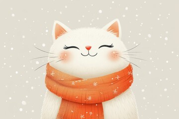 A cute, minimalistic illustration of a shivering white cat wearing an orange scarf against a snowy background