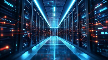 Obraz premium Futuristic Data Center: Server Room Racks with Neon Lights for Cloud Computing and Cybersecurity Infrastructure.
