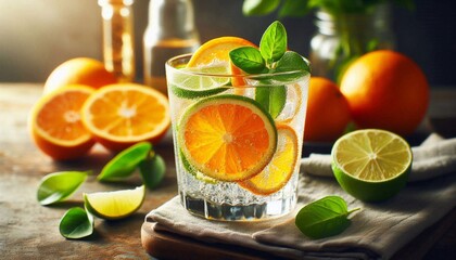 Pure refreshing citrus water with orange and lime slices in a glass, promotes hydration and healing