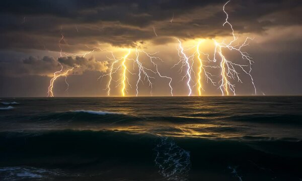 Spectacular Lightning Strikes Illuminate Dark Storm Clouds Over Ocean Waves At Night
