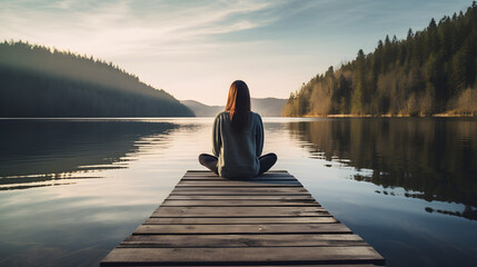 A woman sits on a dock by a lake