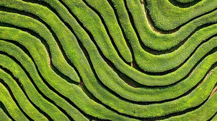 Fototapeta premium Aerial view of rolling green fields with curvilinear rows and pattern detail