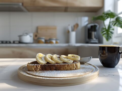 Minimalist Scandinavian Breakfast: Whole-Grain Toast with Almond Butter and Banana Slices, Paired with Black Coffee in a Modern White Kitchen with Wooden Accents