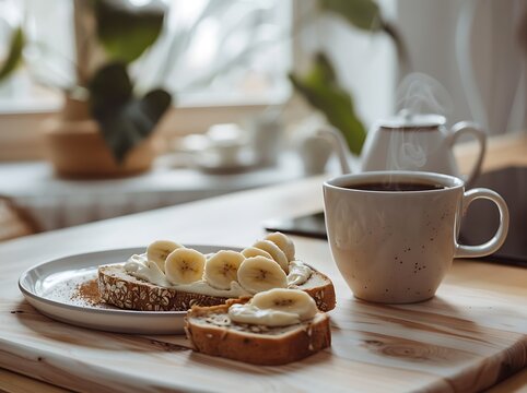 Minimalist Scandinavian Breakfast: Whole-Grain Toast with Almond Butter and Banana Slices, Paired with Black Coffee in a Modern White Kitchen with Wooden Accents