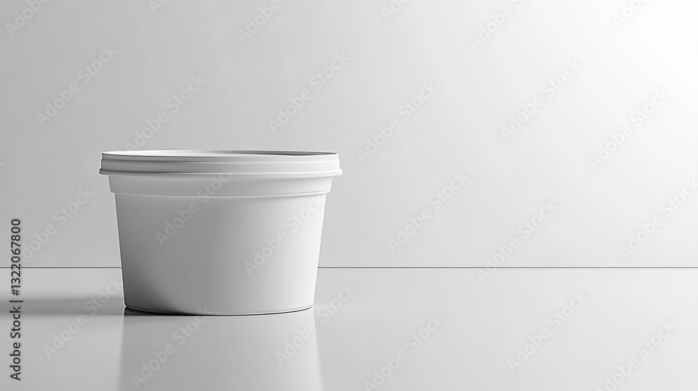 Poster Plain container mockup on a glossy white surface with a simple, bright backdrop