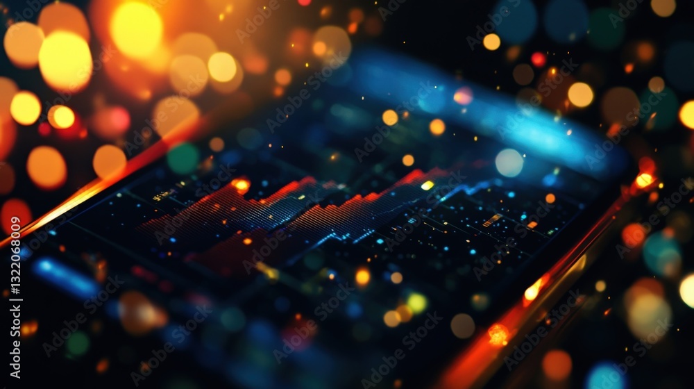 Poster growing stock market chart displayed on smartphone screen with colorful bokeh effect creating a vibr