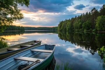 Obraz premium Fishermen Prepare Boats at a Tranquil Lake During Sunset With Reflective Waters and Forest Backdrop Generative AI