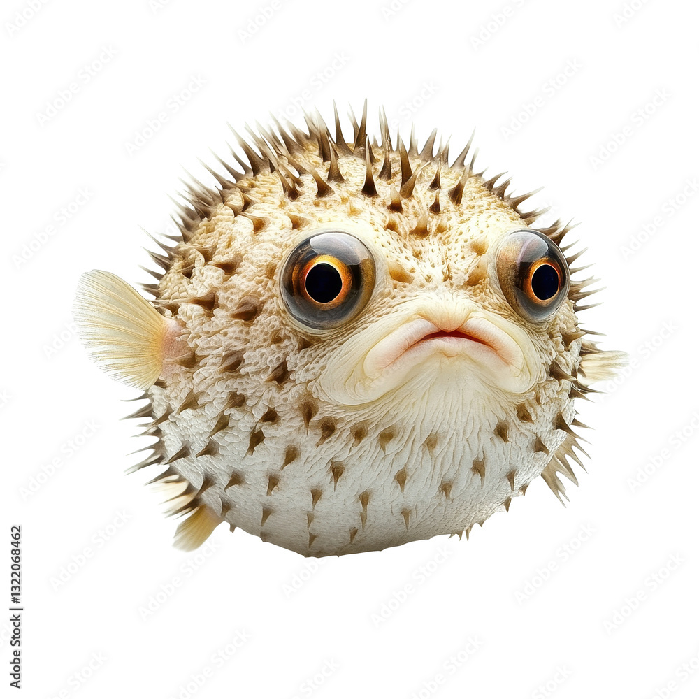 Poster pufferfish floating with a unique expression against a transparent background, pufferfish isolated o
