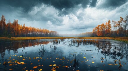 Fototapeta premium Dramatic Autumn Landscape with Calm Water and Overcast Sky