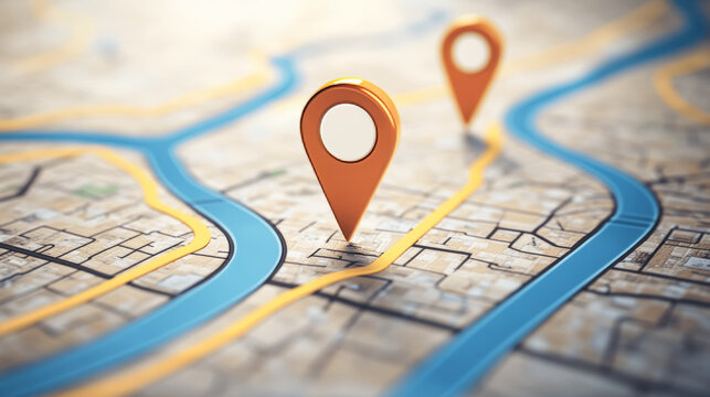 Highway roadmap with pins. Car road direction, gps route pin road trip navigation and asphalt roads business way direction infographic, marker transportation vector illustration