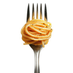 Fork holding a twirl of spaghetti with black pepper against a white backdrop, Fork with spaghetti isolated on white background
