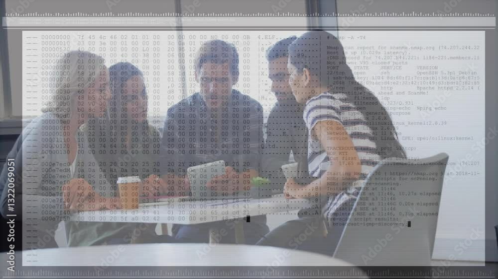 Poster business team collaborating over digital data processing animation in modern office
