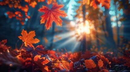 Vibrant Autumn Leaves in Forest with Soft Sunlight Streaming Through