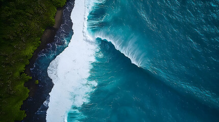 Aerial View Of Turquoise Ocean Waves Crashing On White Sand Beach With Lush Green Vegetation In Bali Indonesia
