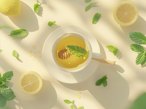 A top-down view of a steaming cup of green tea in a white ceramic cup, placed on a soft pastel background. The tea is surrounded by fresh mint leaves, sliced lemons, and a wooden honey dipper dripping