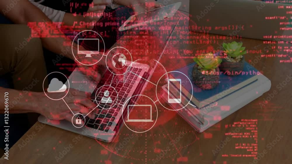 Aufkleber typing on laptop, digital network animation and red code overlay in focus