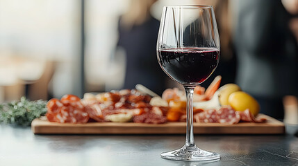 Naklejka premium Glass Of Red Wine With Charcuterie Board Of Meat Cheese And Fruit On A Wooden Serving Board In Blurred Restaurant Background With Elegant Bokeh