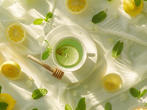 A top-down view of a steaming cup of green tea in a white ceramic cup, placed on a soft pastel background. The tea is surrounded by fresh mint leaves, sliced lemons, and a wooden honey dipper dripping