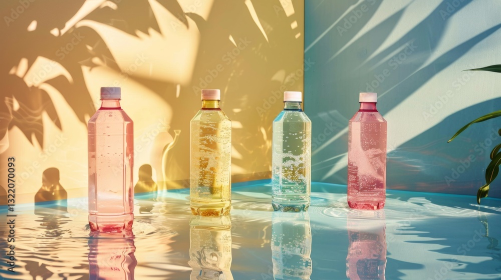 Poster four bottles of different colored beverages sit on a reflective surface, casting cheerful colors and