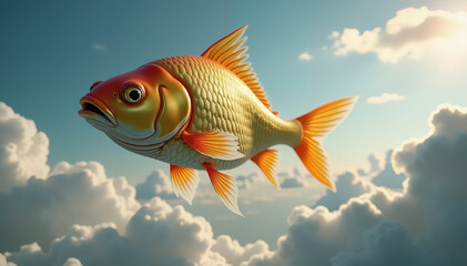 Surreal Golden Fish Flying in Cloudy Sky