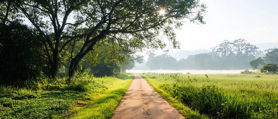 A serene morning landscape with a winding path through lush greenery and soft sunlight filtering through trees.