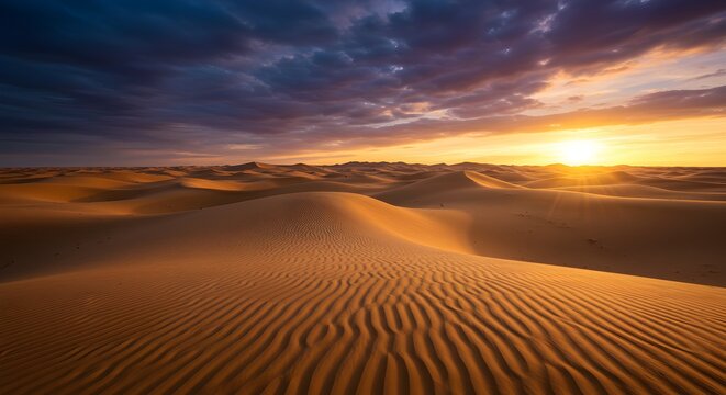 Majestic desert landscape at sunset with sand dunes and dramatic sky formation