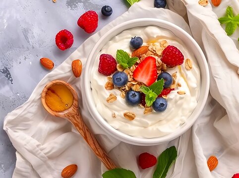 A top-down view of a white ceramic bowl filled with creamy Greek yogurt, topped with fresh strawberries, blueberries, raspberries, granola, and a drizzle of honey