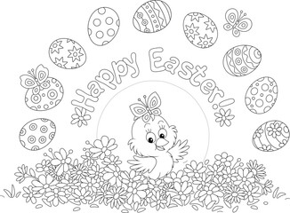 Easter card with a happy little chick surrounded by painted gift eggs, spring flowers and merry fluttering butterflies, black and white outline vector cartoon illustration for a coloring book
