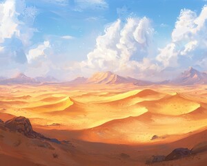 Naklejka premium Stunning Golden Desert Landscape Under Blue Sky with Wispy Clouds