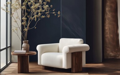 Stylish White Armchair and Wooden Side Table Indoor Decor Arrangement