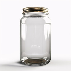 A transparent glass jar with a metallic lid, suitable for storing various items.