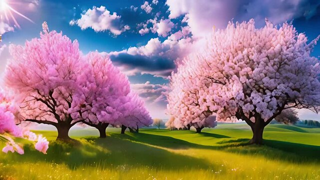 Paysage printanier avec des arbres en fleurs