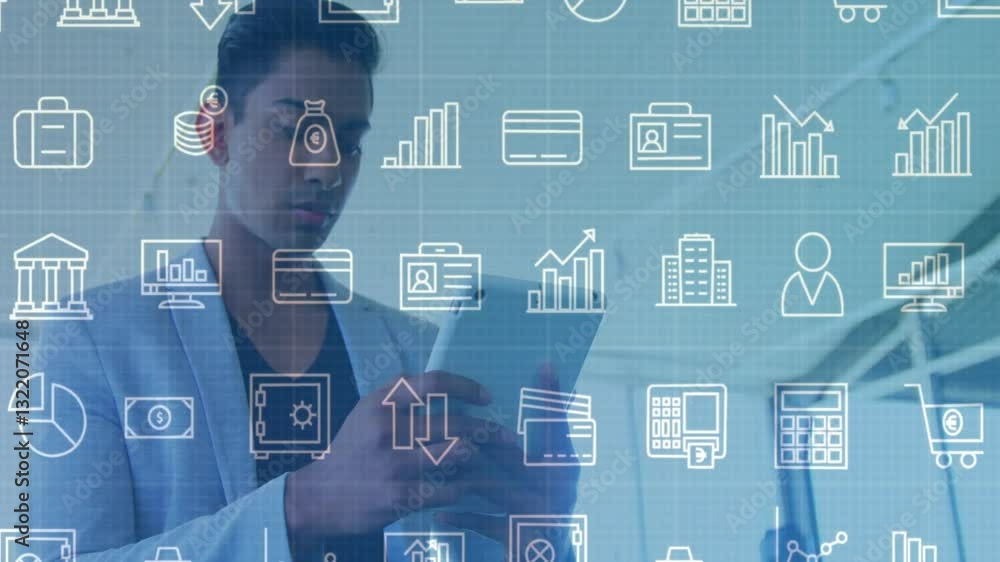 Poster using tablet, business professional analyzing financial data with animation overlay