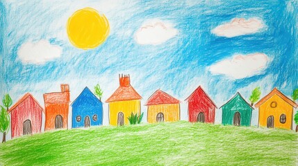 Naklejka premium Crayon drawing depicting a row of colorful houses on a green hill under a bright sun and blue sky with fluffy white clouds, evoking a cheerful and idyllic neighborhood scene