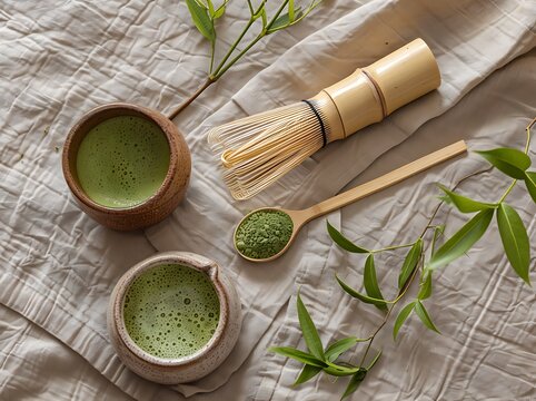 A beautifully arranged traditional Japanese matcha tea setup in a top-down view, featuring an authentic bamboo whisk (chasen), matcha powder in a small wooden bowl, and a ceramic cup filled.