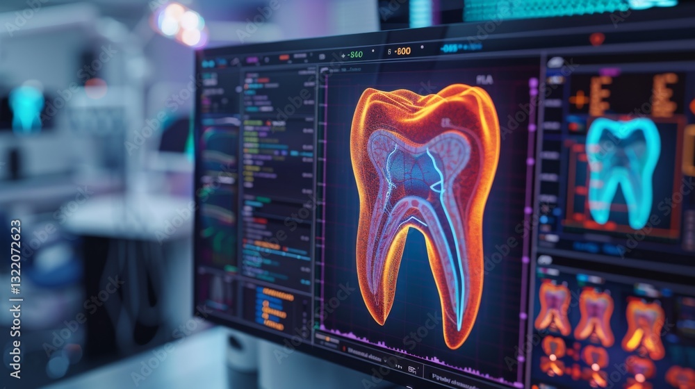 Poster A vibrant display shows intricate details of tooth anatomy on a computer monitor within a contemporary dental practice. The setting suggests advanced technology use in dental health assessments.