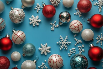 Festive Ornaments and Snowflakes Arranged on a Blue Background for Holiday Decoration