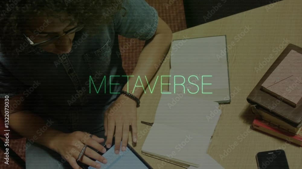 Poster using tablet with animation of metaverse text, person at desk with books