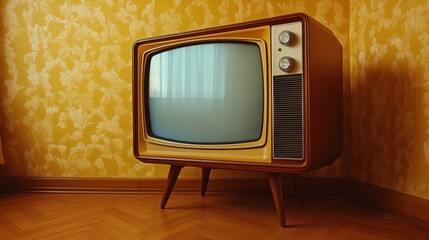 Retro television perched on slender wooden supports, surrounded by yellow patterned wallpaper and warm parquet, capturing mid century interior design essence
