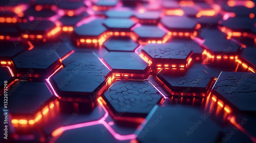 Poster futuristic glowing hexagon pattern: abstract tech background with neon lights and cyberpunk aestheti
