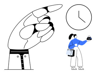 Large hand pointing to the clock, emphasizing time awareness. Person dressed in blue holding shopping bags and a clock. Ideal for time management, deadlines, priorities, scheduling, productivity