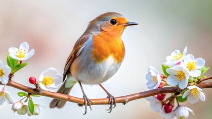 Fototapeta premium Robin Bird on Blossom Branch