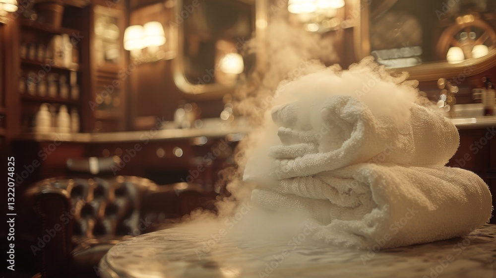 Poster stacked white towels sit on a marble table while warm steam rises in a luxurious spa, inviting guest