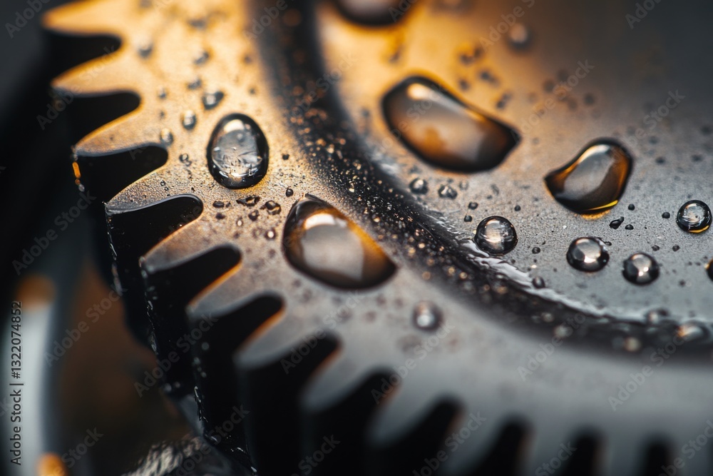 Poster the metallic surface of a gear reflects warm light while water droplets create a visually appealing 
