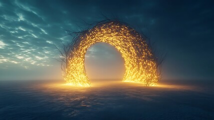 A glowing archway made of intertwining golden vines, standing alone in the middle of a vast, misty plain. The light from the arch casts long, mysterious shadows on the ground