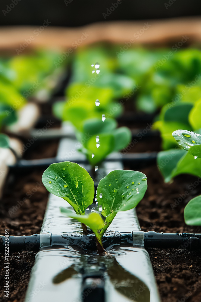 Poster an advanced irrigation system efficiently waters young plants, creating a vibrant display. tiny drop