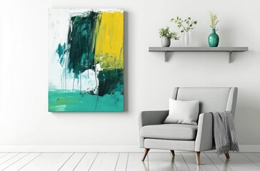 Living Room Featuring Abstract Painting Armchair Shelf and Minimalist Design