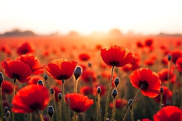 Fototapeta premium Vibrant Red Poppy Field at Sunrise
