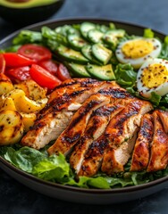 Grilled Chicken Salad With Fresh Vegetables and Boiled Eggs in a Stylish Bowl